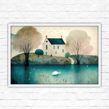 House in the trees. Watercolour landscape. Framed picture choice of colour