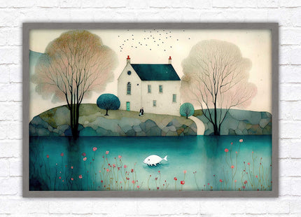 House in the trees. Watercolour landscape. Framed picture choice of colour