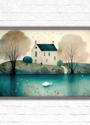 House in the trees. Watercolour landscape. Framed picture choice of colour