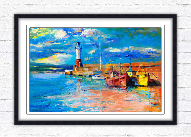 Boats at the Harbour, oil painting framed picture print choice of frame colours
