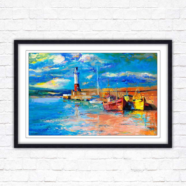 Boats at the Harbour, oil painting framed picture print choice of frame colours