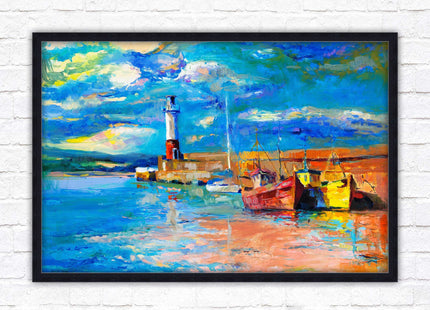 Boats at the Harbour, oil painting framed picture print choice of frame colours