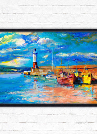 Boats at the Harbour, oil painting framed picture print choice of frame colours