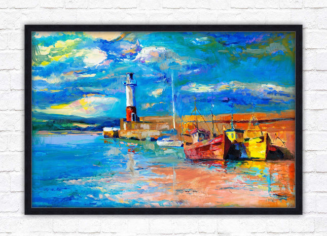 Boats at the Harbour, oil painting framed picture print choice of frame colours