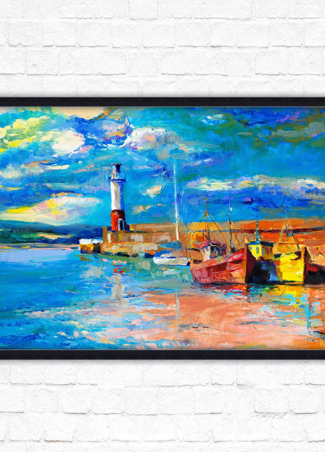 Boats at the Harbour, oil painting framed picture print choice of frame colours