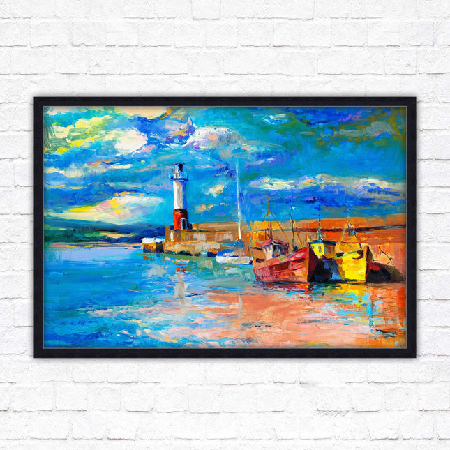 Boats at the Harbour, oil painting framed picture print choice of frame colours