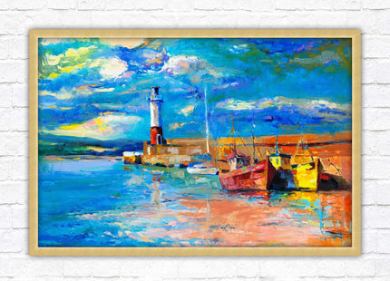 Boats at the Harbour, oil painting framed picture print choice of frame colours