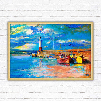 Boats at the Harbour, oil painting framed picture print choice of frame colours