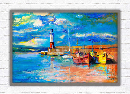 Boats at the Harbour, oil painting framed picture print choice of frame colours
