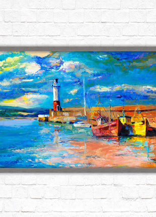 Boats at the Harbour, oil painting framed picture print choice of frame colours