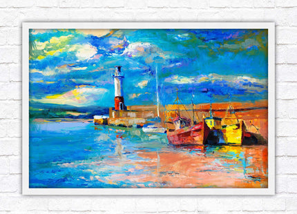 Boats at the Harbour, oil painting framed picture print choice of frame colours