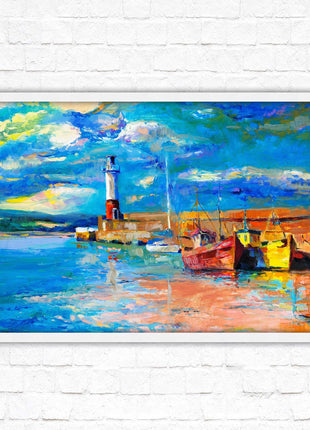 Boats at the Harbour, oil painting framed picture print choice of frame colours