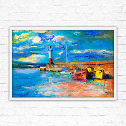 Boats at the Harbour, oil painting framed picture print choice of frame colours