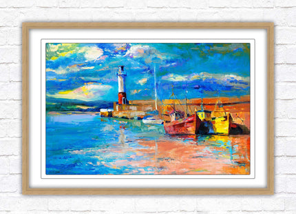 Boats at the Harbour, oil painting framed picture print choice of frame colours