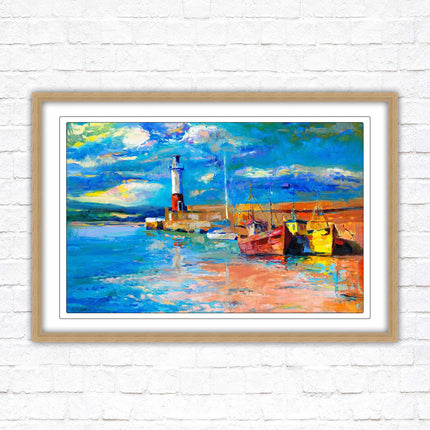 Boats at the Harbour, oil painting framed picture print choice of frame colours