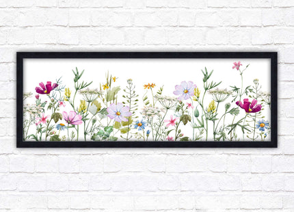 Wild flowers pastel colours on a white background Panoramic framed picture print