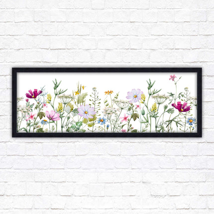 Wild flowers pastel colours on a white background Panoramic framed picture print