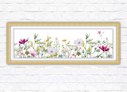 Wild flowers pastel colours on a white background Panoramic framed picture print