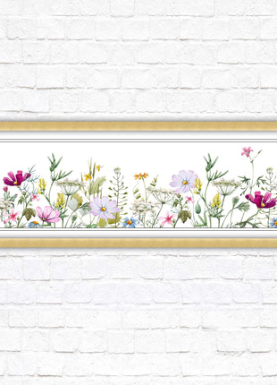 Wild flowers pastel colours on a white background Panoramic framed picture print