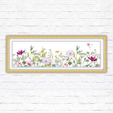 Wild flowers pastel colours on a white background Panoramic framed picture print