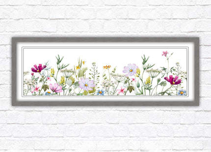 Wild flowers pastel colours on a white background Panoramic framed picture print