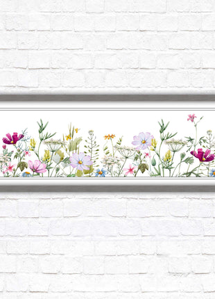 Wild flowers pastel colours on a white background Panoramic framed picture print