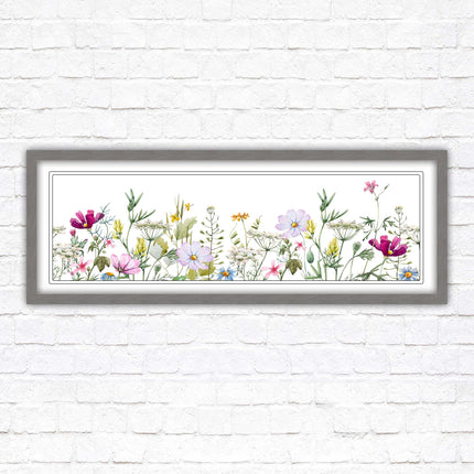 Wild flowers pastel colours on a white background Panoramic framed picture print