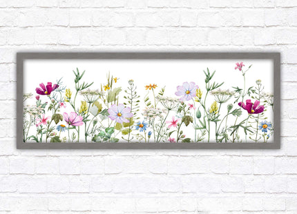 Wild flowers pastel colours on a white background Panoramic framed picture print