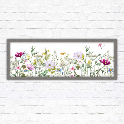 Wild flowers pastel colours on a white background Panoramic framed picture print