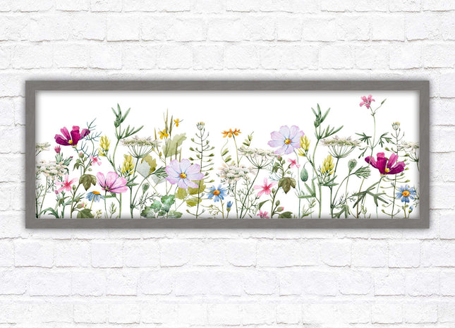 Wild flowers pastel colours on a white background Panoramic framed picture print