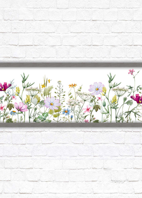Wild flowers pastel colours on a white background Panoramic framed picture print