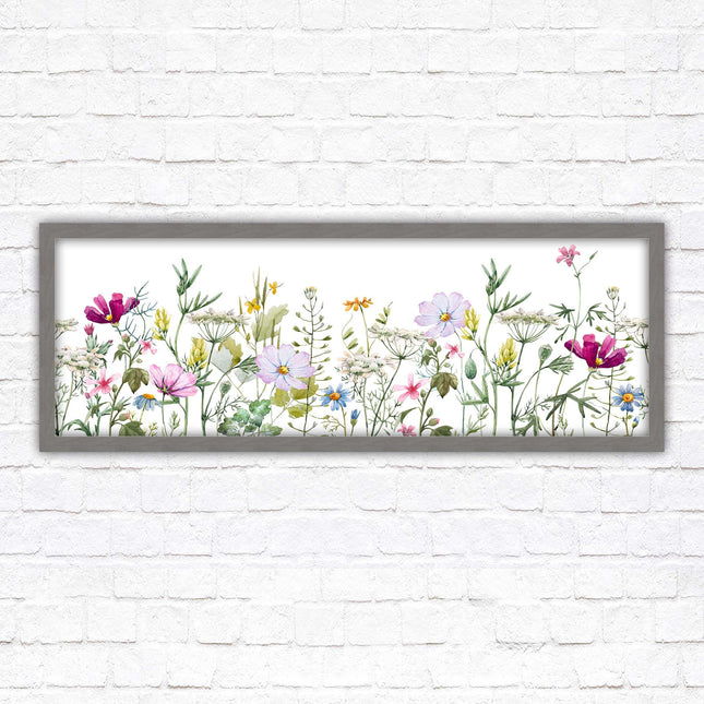 Wild flowers pastel colours on a white background Panoramic framed picture print