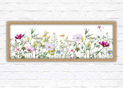 Wild flowers pastel colours on a white background Panoramic framed picture print