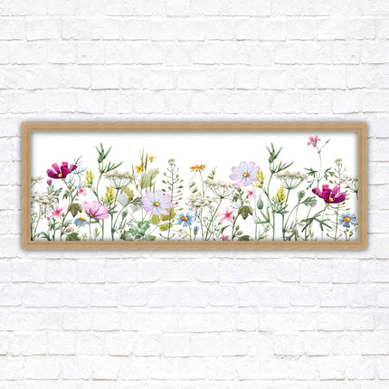 Wild flowers pastel colours on a white background Panoramic framed picture print