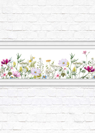 Wild flowers pastel colours on a white background Panoramic framed picture print