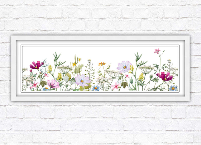Wild flowers pastel colours on a white background Panoramic framed picture print