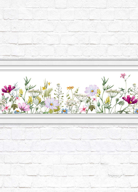 Wild flowers pastel colours on a white background Panoramic framed picture print
