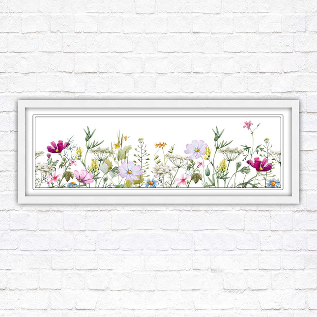 Wild flowers pastel colours on a white background Panoramic framed picture print
