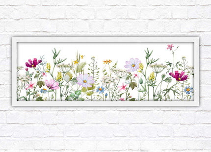 Wild flowers pastel colours on a white background Panoramic framed picture print