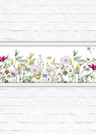 Wild flowers pastel colours on a white background Panoramic framed picture print