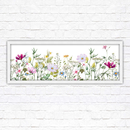 Wild flowers pastel colours on a white background Panoramic framed picture print