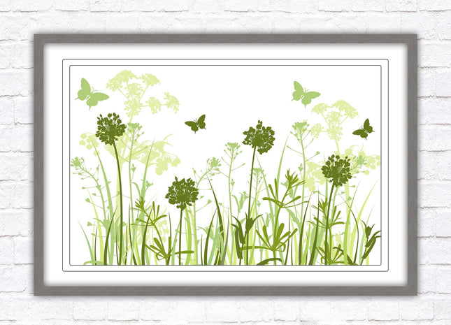 Butterflies in the grass. Green toned, Framed with a choice of frame colours