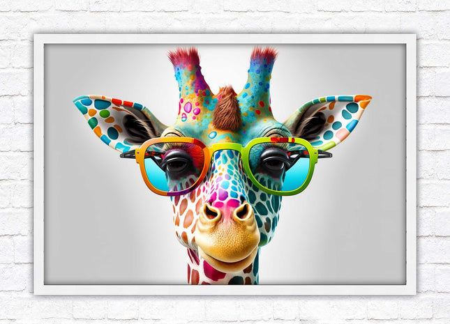 Giraffe in sunglasses. Colourful Wall art. Framed picture with choice of frame.