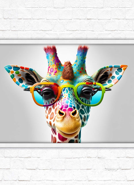 Giraffe in sunglasses. Colourful Wall art. Framed picture with choice of frame.