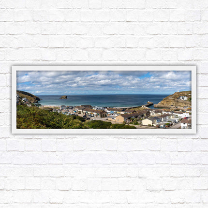 Portreath town, Cornwall. Panoramic framed picture harbour and sea view