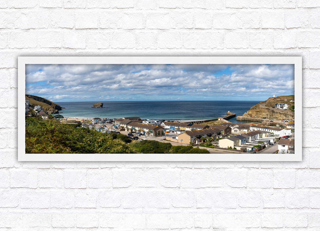 Portreath town, Cornwall. Panoramic framed picture harbour and sea view