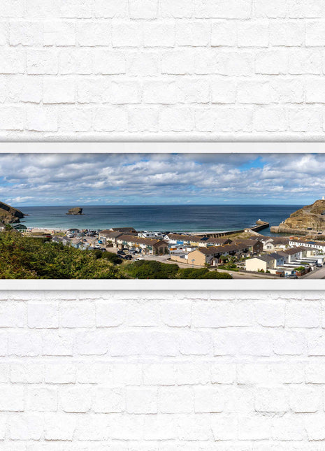 Portreath town, Cornwall. Panoramic framed picture harbour and sea view