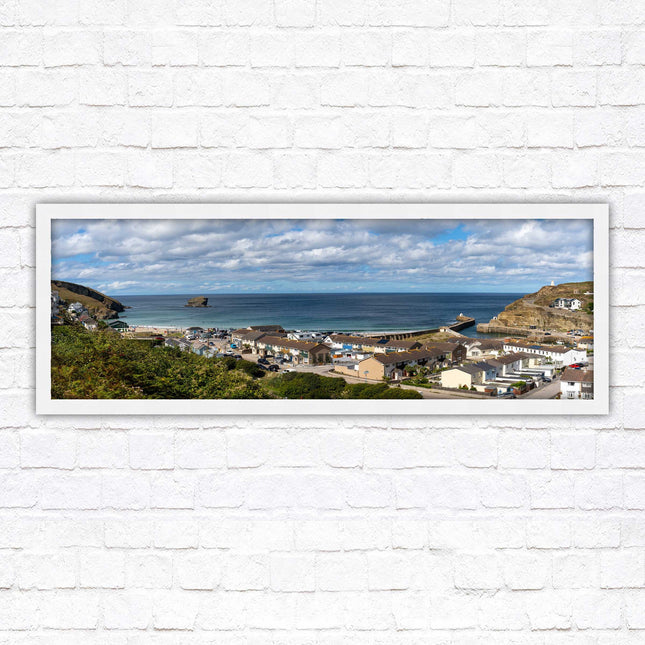 Portreath town, Cornwall. Panoramic framed picture harbour and sea view