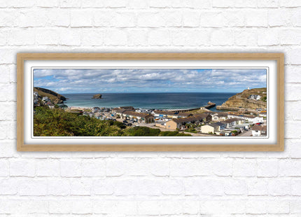 Portreath town, Cornwall. Panoramic framed picture harbour and sea view