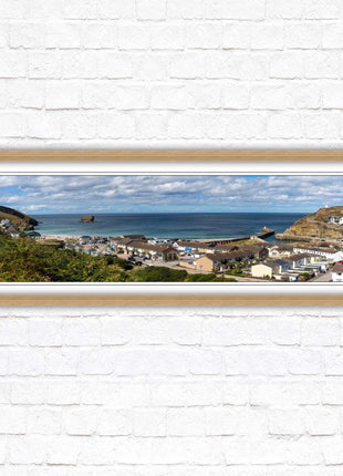 Portreath town, Cornwall. Panoramic framed picture harbour and sea view
